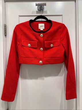 Anthropologie Red Cropped Button-Front Blazer with Black Trim